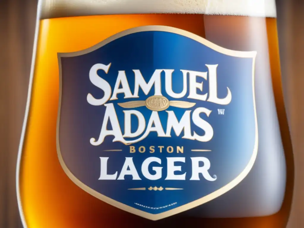 Cerveza Samuel Adams Boston Lager dorada y brillante en vidrio, con espuma cremosa y detalles intrincados