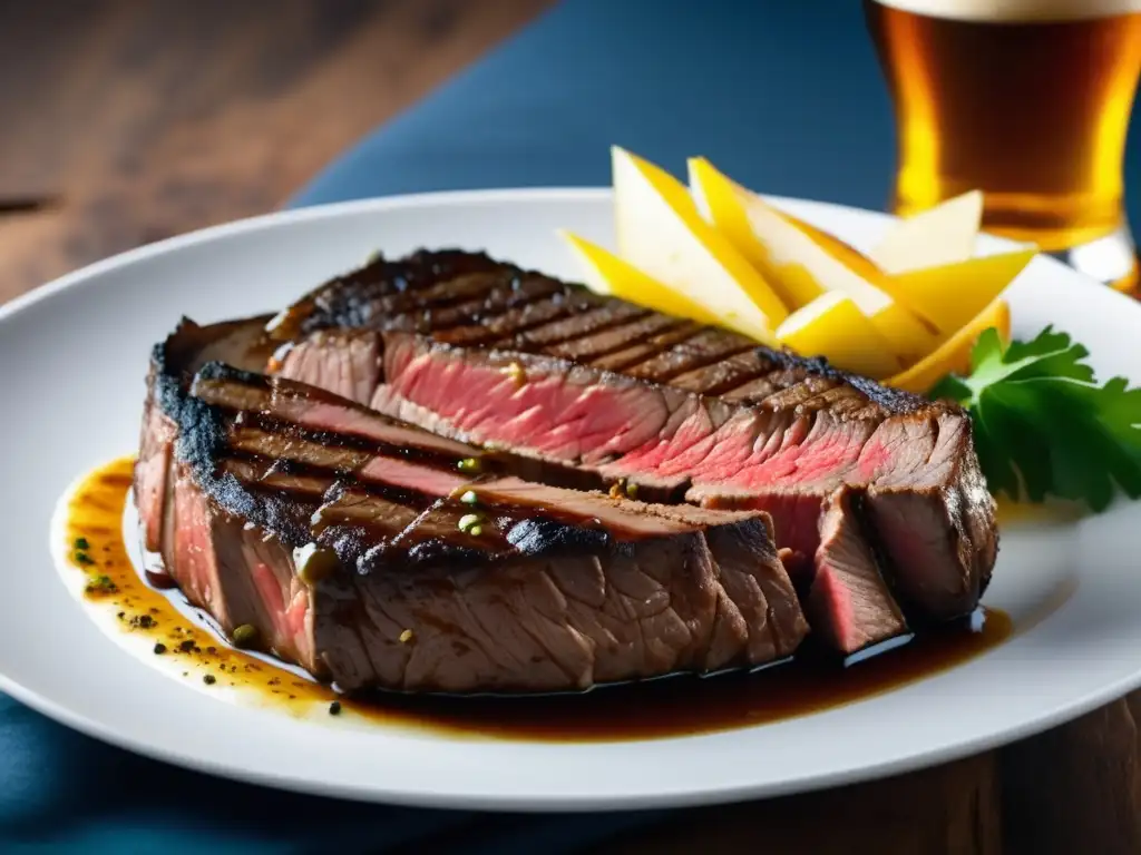 Plato de comida argentina con cerveza Salta: steak jugoso, papas fritas crujientes y ensalada fresca