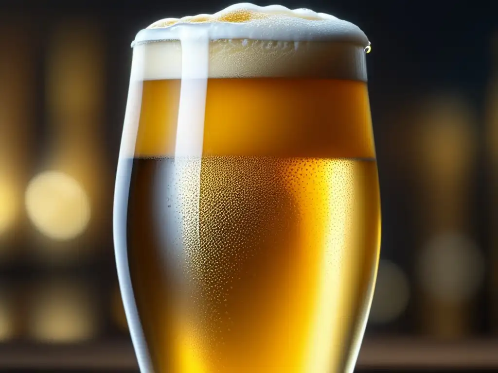 Cervecería sostenible: Cero residuos, cerveza dorada con burbujas y espuma cremosa sobre fondo de lúpulo verde