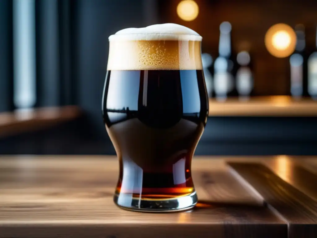 Cerveza Dark Lager con espuma cremosa, burbujas y condensación en mesa de madera