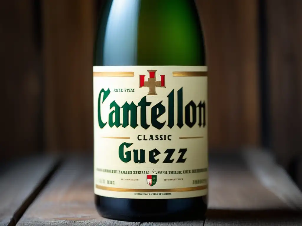 Botella Cantillon Classic Gueuze envejecida con polvo sutil, detalles intrincados y etiqueta vintage