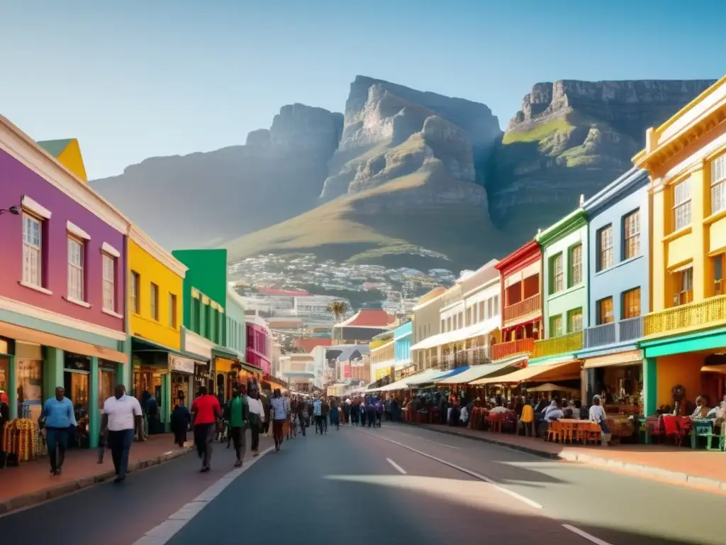 Ruta por Sudáfrica: Imagen callejera vibrante en Cape Town, mostrando arquitectura colorida y ambiente animado