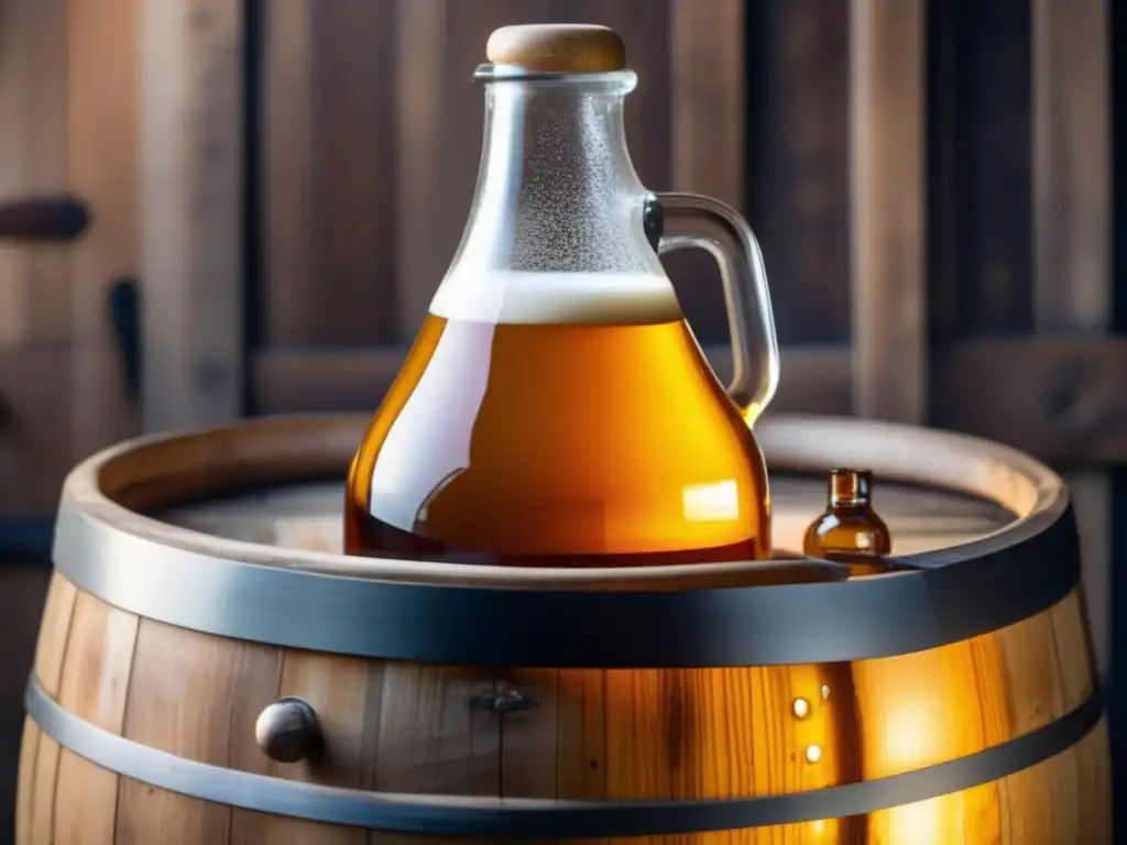 Cerveza ámbar en fermentación secundaria en carboy de vidrio y barril de madera