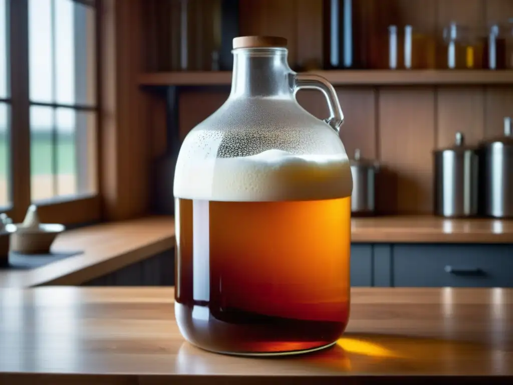 Fermentación secundaria: carboy de vidrio lleno de líquido ámbar con espuma cremosa en una encimera de madera