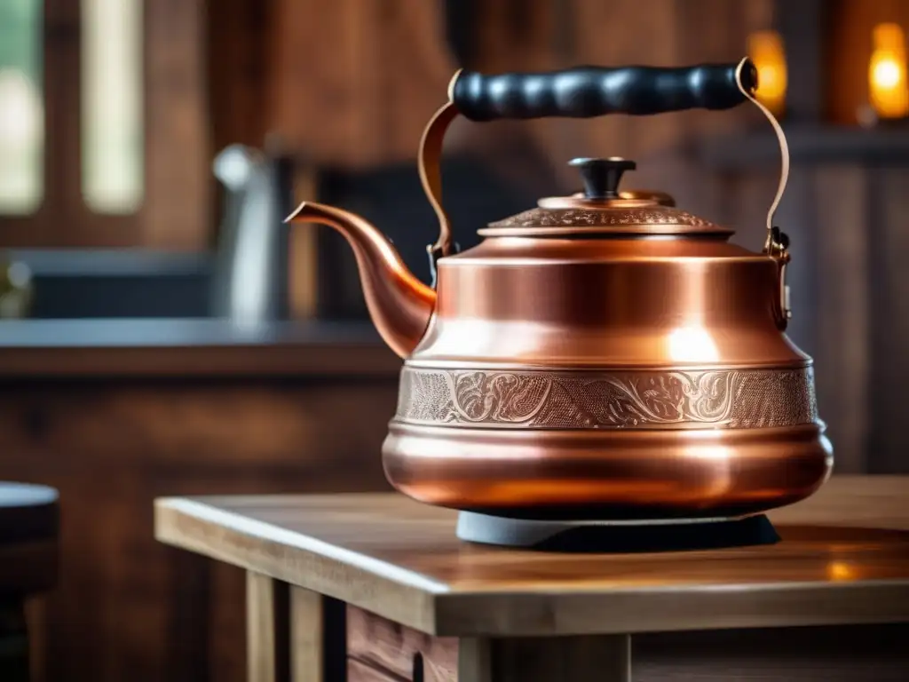 Kettle de cobre tradicional en mesa de madera con fondo rústico