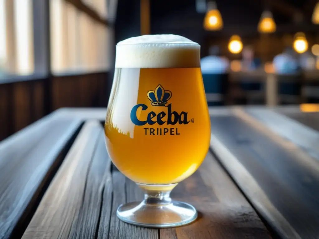 Tripel belga dorada, cerveza Ceiba en vaso con espuma cremosa, color vibrante y efervescencia en mesa de madera