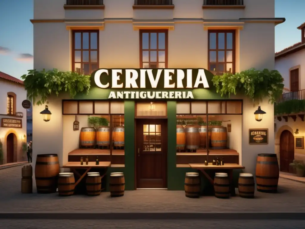 Cervecería Antiguo Barril - Conoce la Tradición: Imagen fotorealista de la cervecería al atardecer, resaltando su encanto histórico y la hospitalidad