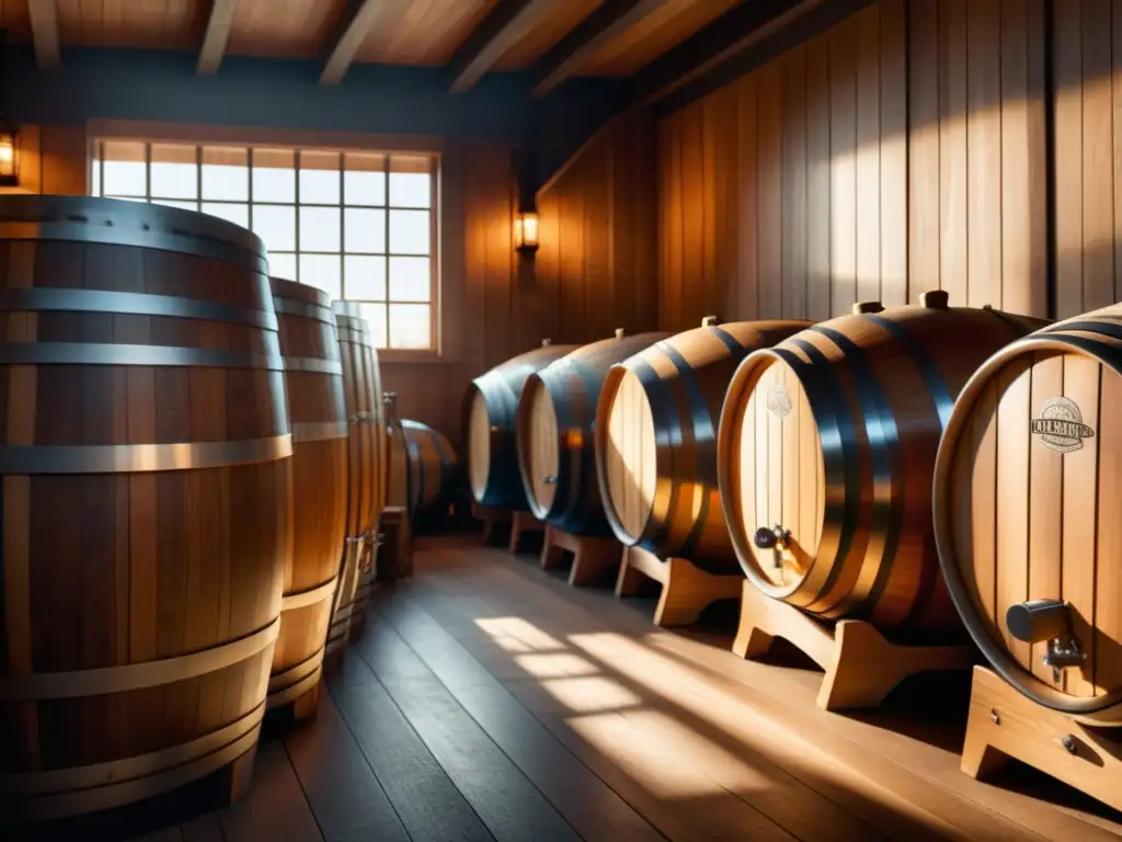 Interior de una cervecería: barriles de madera y equipo de acero inoxidable