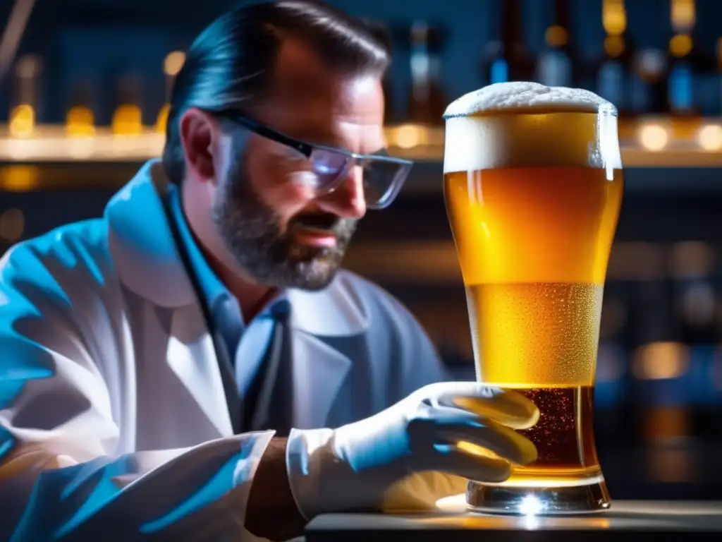 Un maestro cervecero examina cuidadosamente una cerveza ámbar bajo una luz LED brillante