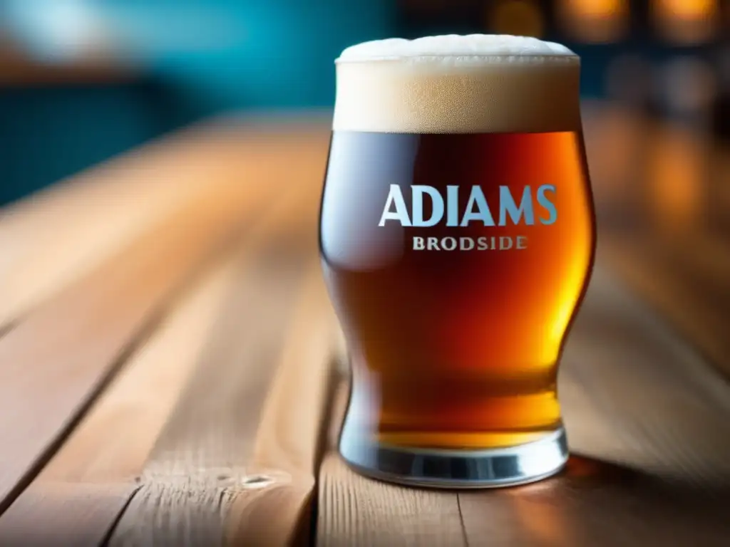 Cerveza Adnams Broadside: closeup en mesa de madera, color ámbar, burbujas y textura suave