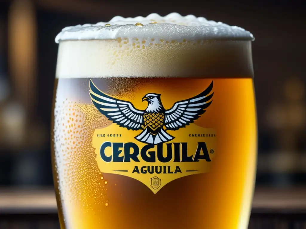 Detalle excepcional de Cerveza Águila en cervecería colombiana, con birreros entusiastas y barriles de madera