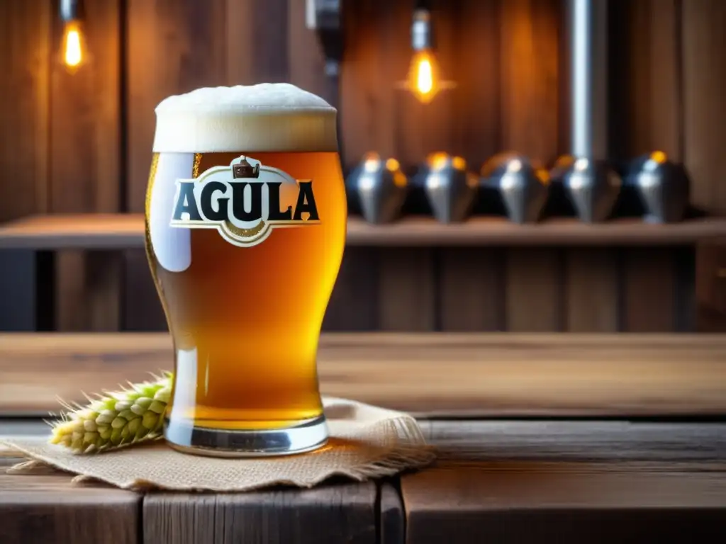 Cerveza Águila dorada en vaso rodeada de ingredientes y detalles artesanales