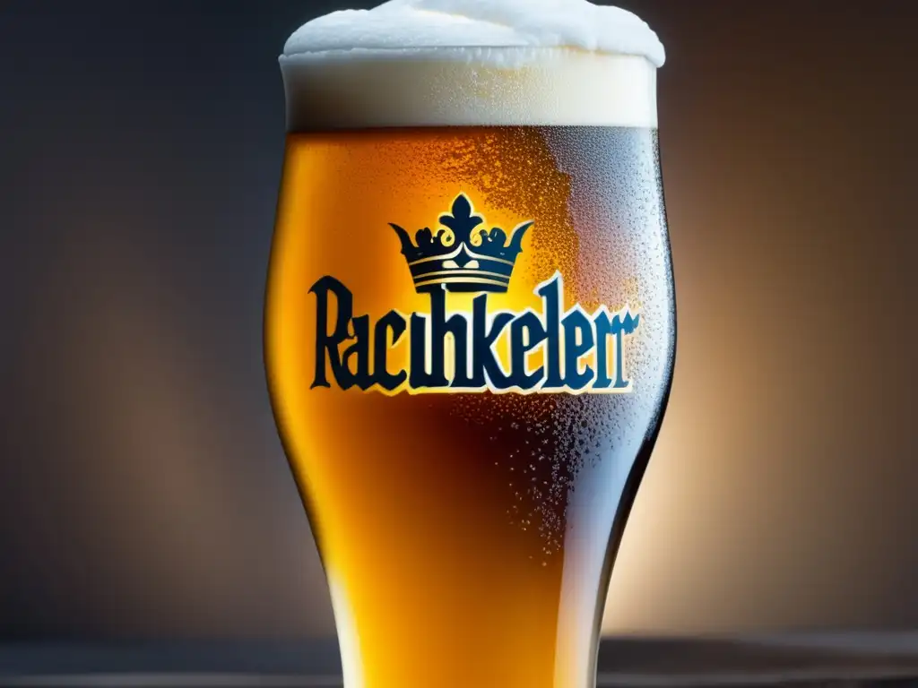 Tall glass of Aecht Schlenkerla Rauchbier Una vista cercana de una copa alta y helada llena de Aecht Schlenkerla Rauchbier, una cerveza dorada con condensación y espuma cremosa