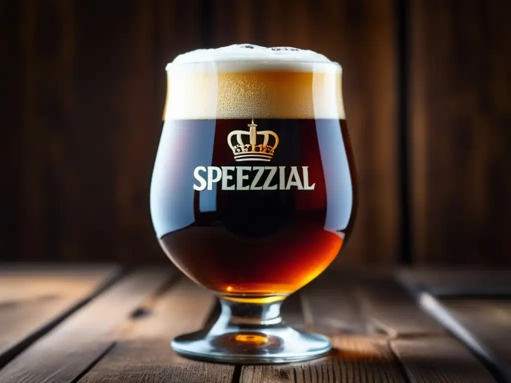 Imagen detallada de un vaso de Spezial Rauchbier, con condensación y burbujas, estilo Lichtenhainer