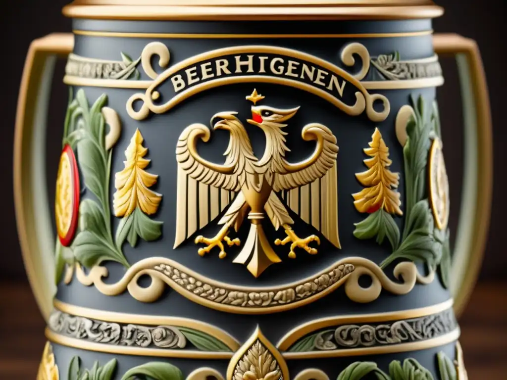 Detalles de una tradicional cerveza alemana en un stein, resaltando su importancia histórica y el Reinheitsgebot