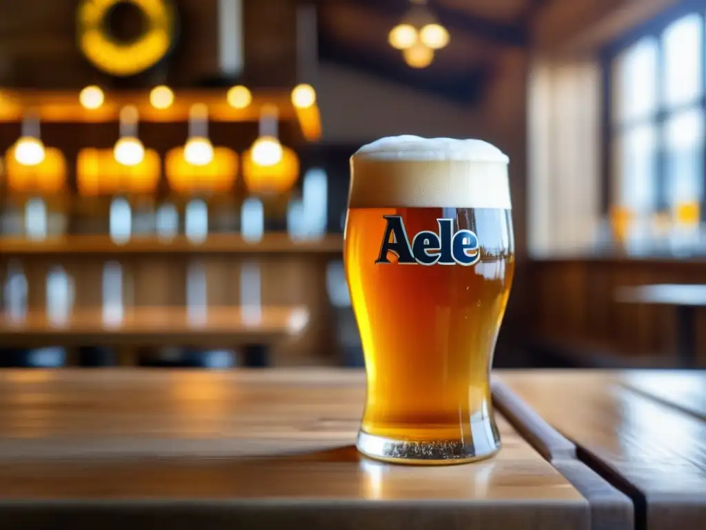 Cerveza alemana en mesa de madera, resaltando su color dorado y burbujas