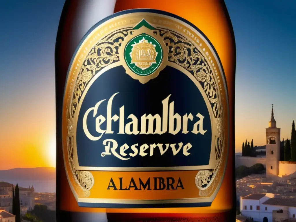 Botella helada de Cerveza Alhambra Reserva 1925 Cerveza Alhambra Reserva 1925 - Lager artesanal con diseño elegante y color ámbar