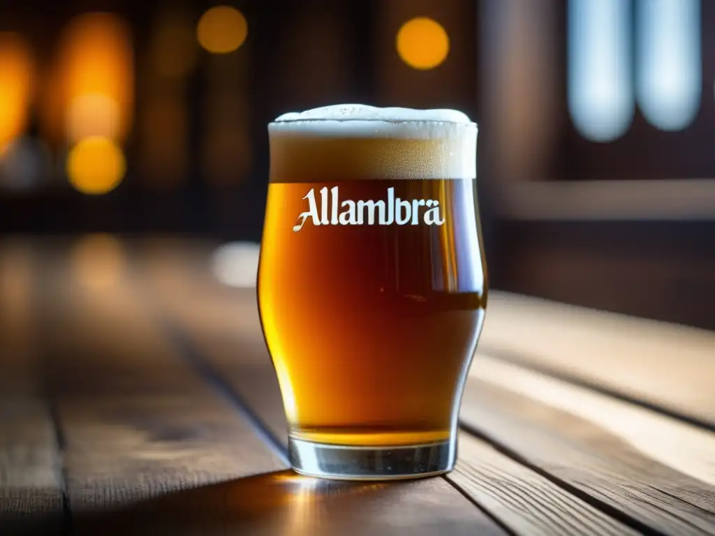 Cerveza Alhambra Reserva 1925 en mesa de madera Exquisita belleza de Alhambra Reserva 1925 Lager en una imagen ultradetallada de 8k con lente macro