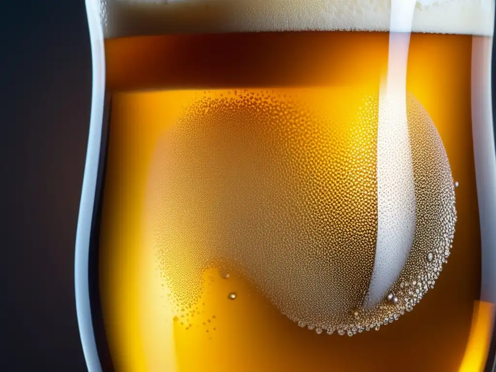 Imagen detallada de cerveza ámbar, con espuma y burbujas