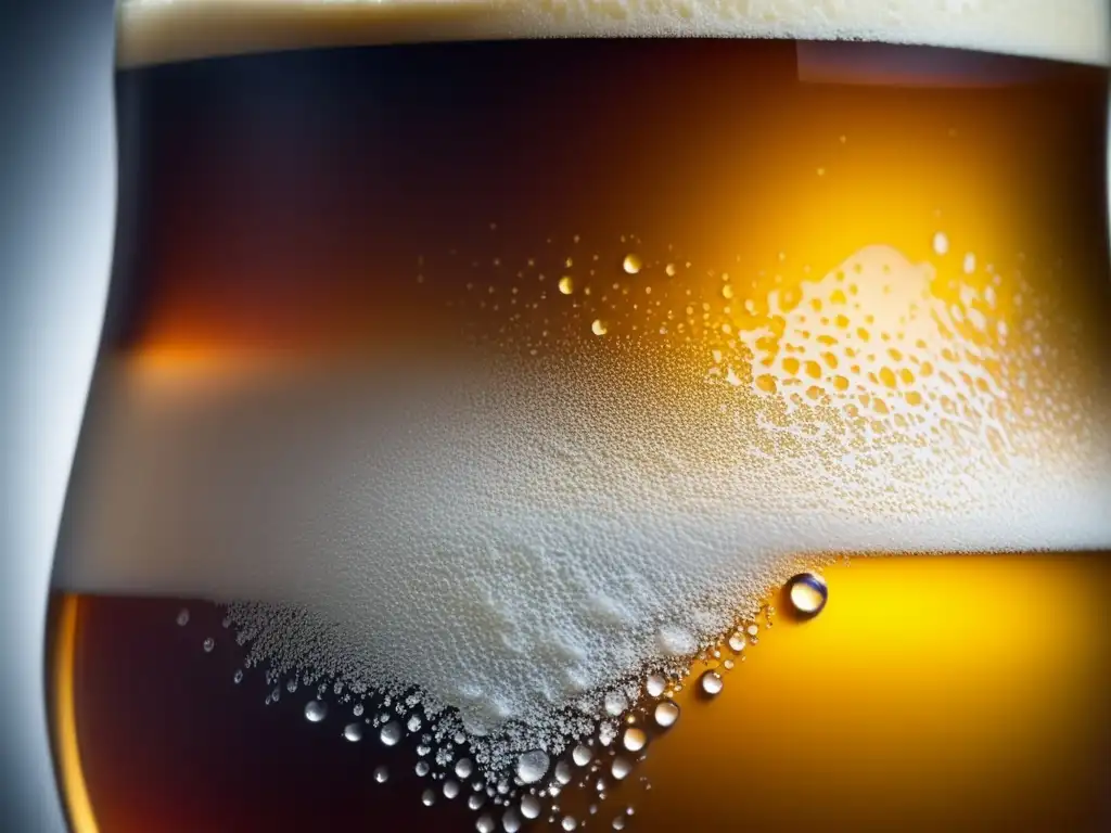 Cerveza ámbar con espuma cremosa y detalles intrincados