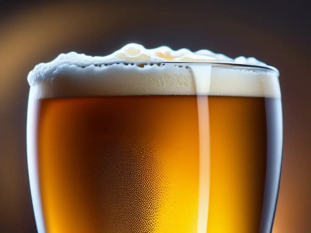 Cerveza ámbar con espuma cremosa y burbujas, impresiones y registro