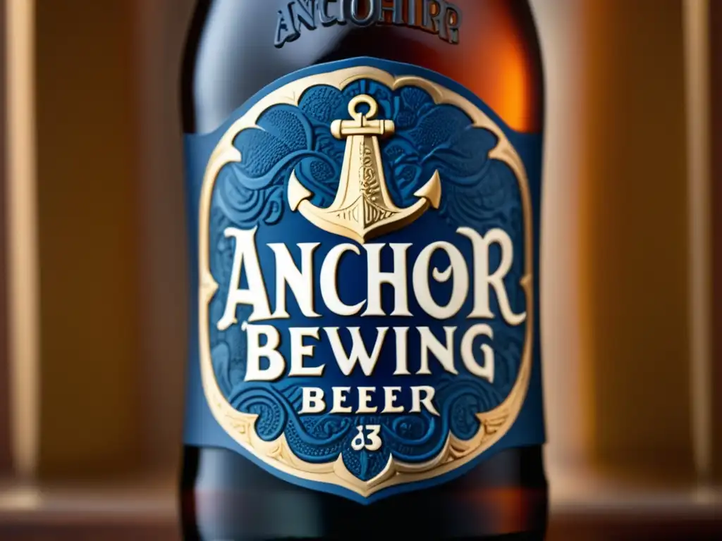 Detalle intrincado de la botella de Anchor Brewing, resaltando la elegancia y la calidad (Fritz Maytag)