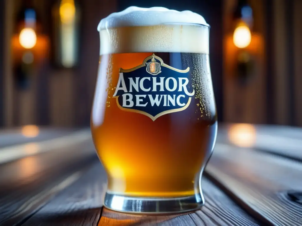 Cerveza Anchor Brewing con espuma cremosa y colores texturizados en vaso sobre mesa de madera rustica