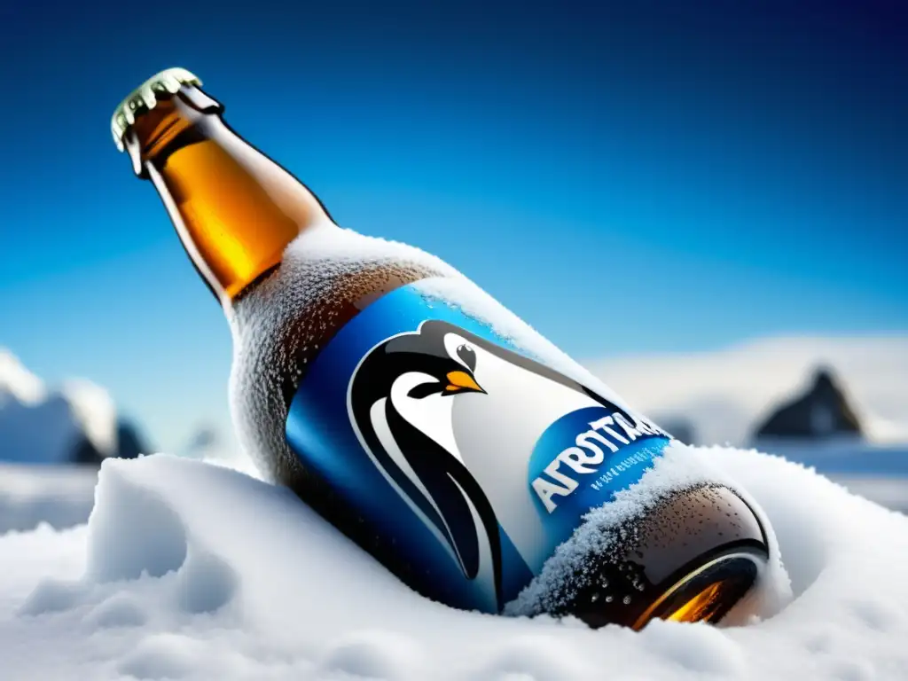 Botella de cerveza Antarctica cubierta de escarcha, con gotas de condensación en una superficie nevada