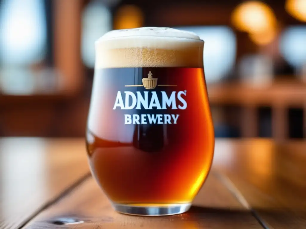 Cerveza artesanal Adnams Brewery, ale ámbar con burbujas y condensación en vaso de madera - 110 caracteres