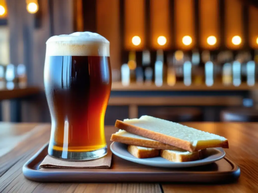 Una cerveza artesanal ámbar en un vaso sobre una mesa de madera rústica en Skúli Craft Bar, un acogedor bar en Reykjavik