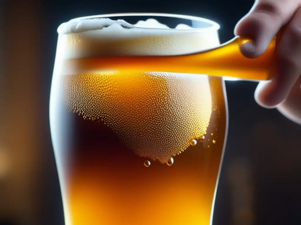 Cerveza artesanal: Imagen en 8K de una copa con cerveza ámbar, perfectamente servida y con una espuma cremosa