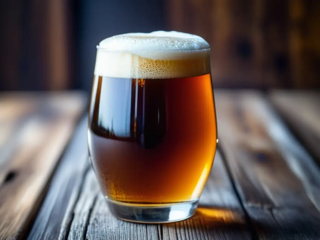 Cerveza artesanal ámbar con espuma cremosa y burbujas, en mesa de madera rústica - Tecnología