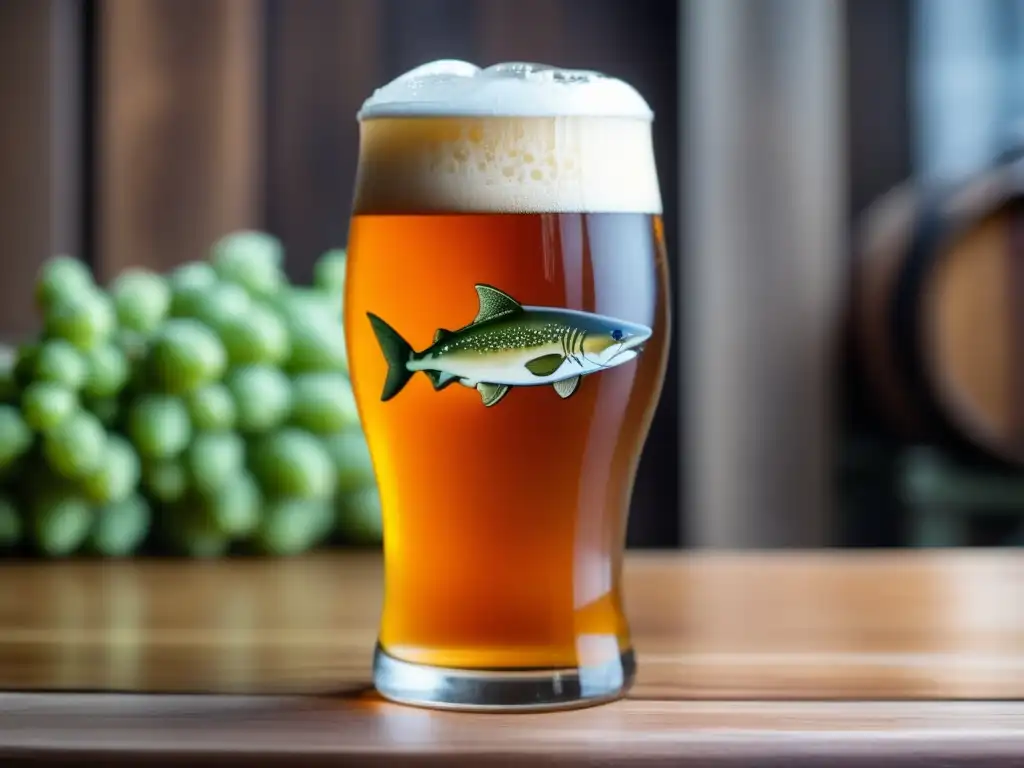 Cerveza Dogfish Head 60 Minute IPA, color ámbar intenso, espuma cremosa y detalles de lúpulo y malta