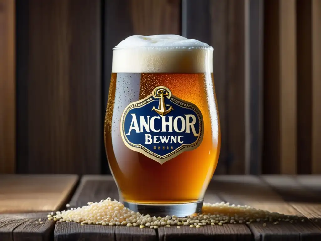 Cerveza artesanal de Anchor Brewing, burbujas doradas y mesa de madera - Aniversarios y celebraciones