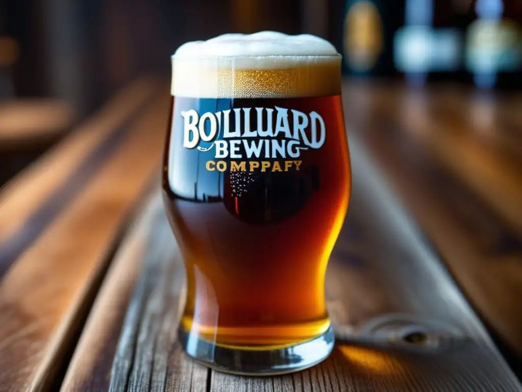 Cerveza artesanal de Boulevard Brewing Company en mesa de madera rustica