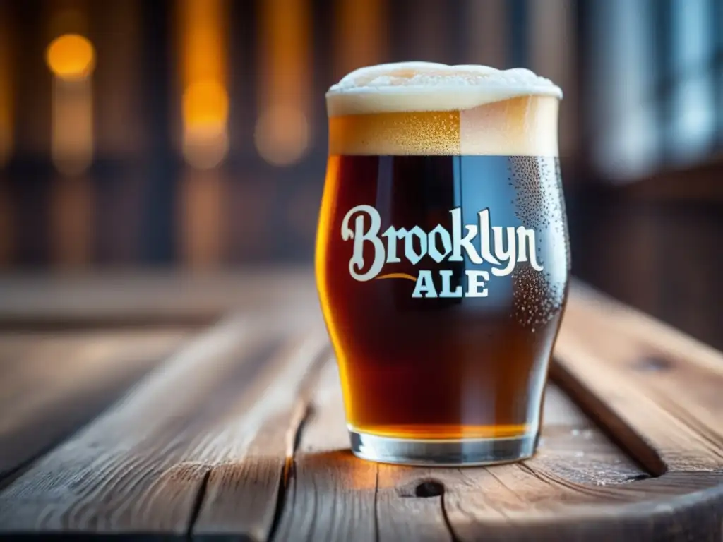 Cerveza Brooklyn Brown Ale en mesa de madera rústica