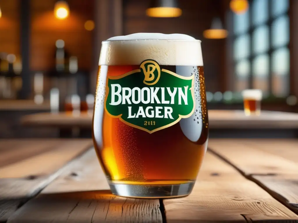 Cerveza Brooklyn Lager en vaso de cristal, resaltando su color ámbar y espuma cremosa