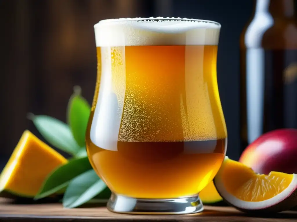 Cerveza artesanal con ingredientes exóticos y espuma detallada