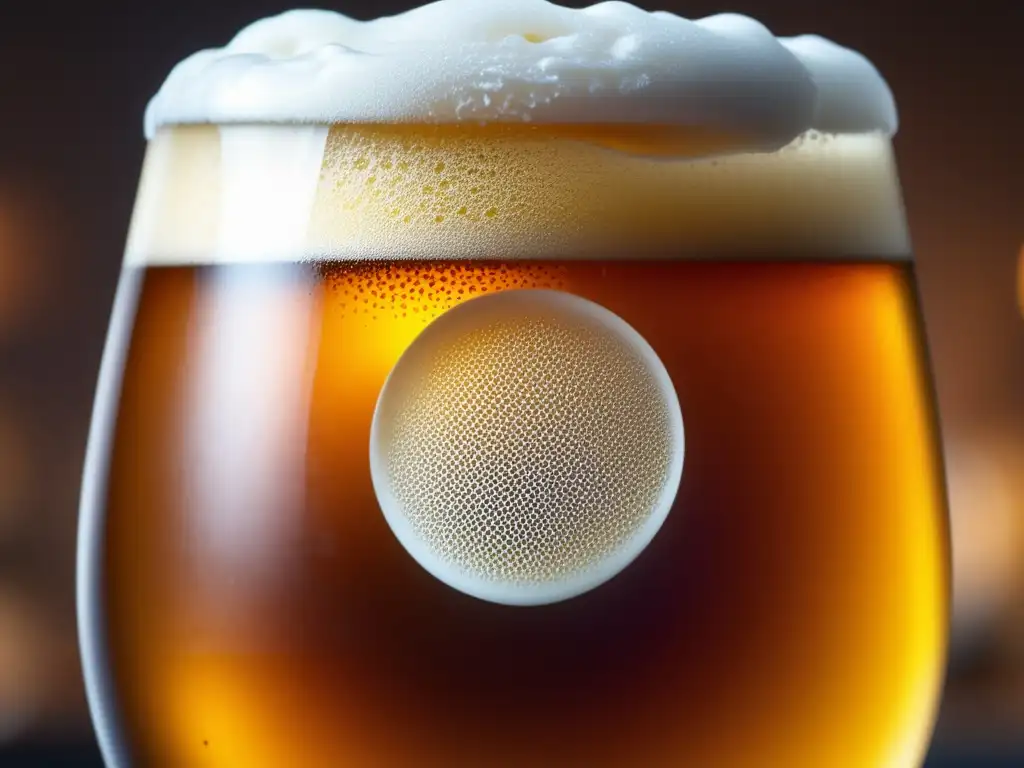 Detallada imagen de una cerveza coreana ámbar con espuma blanca, condensación brillante y etiqueta de 