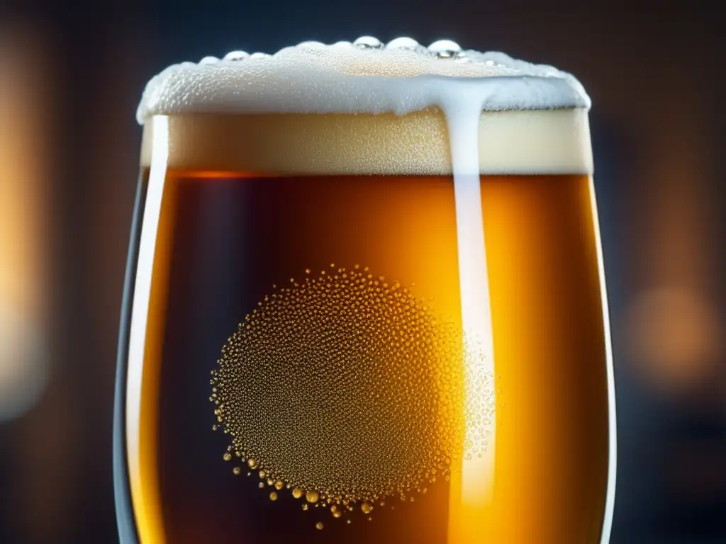 Detalle impresionante de una cerveza artesanal en copa elegante, reflejando luz suave y burbujas, resaltando el color ambar y la textura