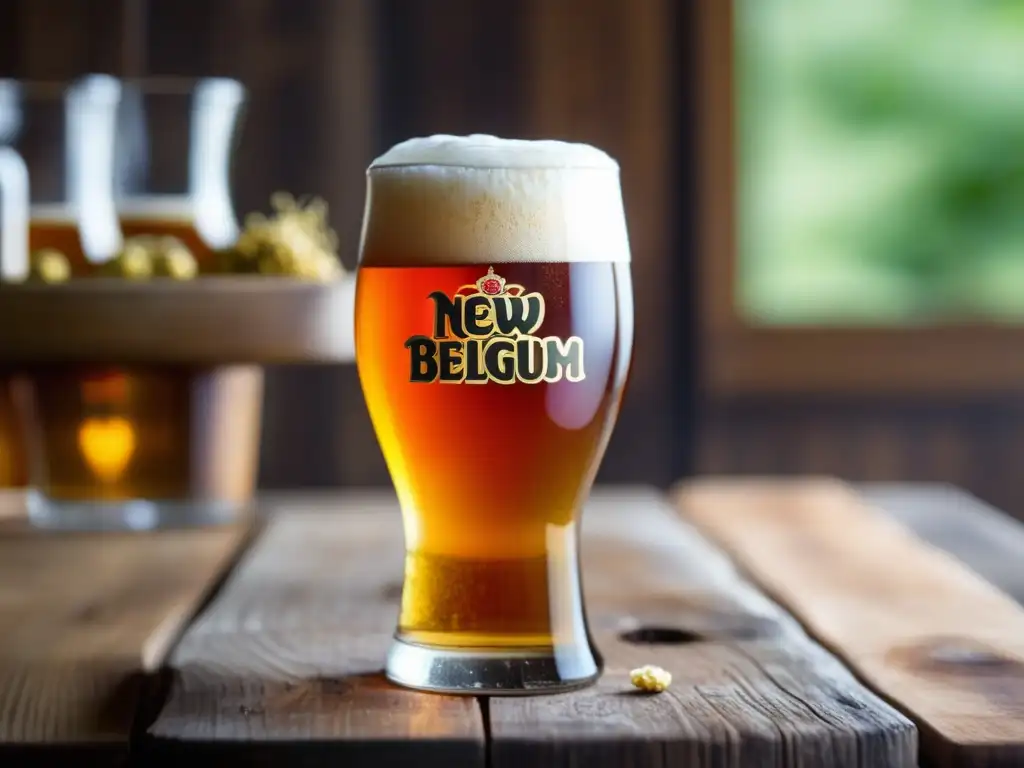 Cerveza New Belgium, servida perfectamente con espuma cremosa y detalles artísticos de ingredientes naturales