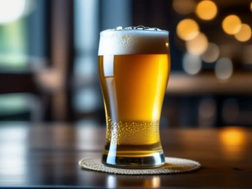 Imagen de una cerveza dorada en un vaso de cristal con espuma, en una mesa de madera