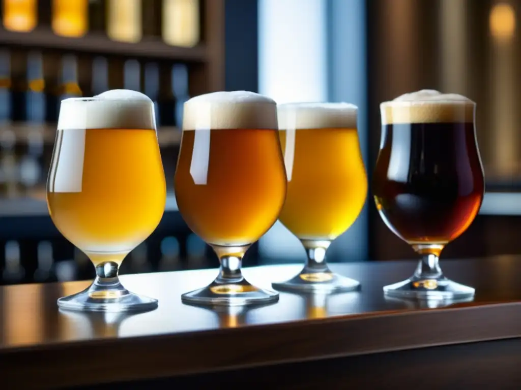 Viajes iniciales: Imagen detallada de una hermosa tabla de cervezas con 4 estilos diferentes, pilsner dorada, ale ámbar, stout oscura y IPA turbia