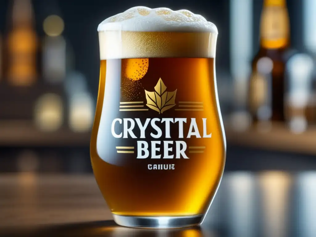 Métodos de degustación: Cerveza artesanal dorada en vaso de cristal, burbujas efervescentes y espuma cremosa