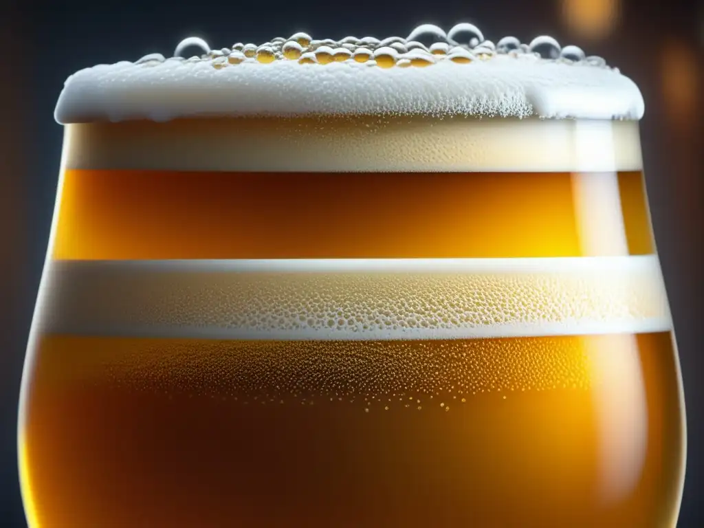 Ultradetalle: Cerveza artesanal ámbar con burbujas y espuma cremosa