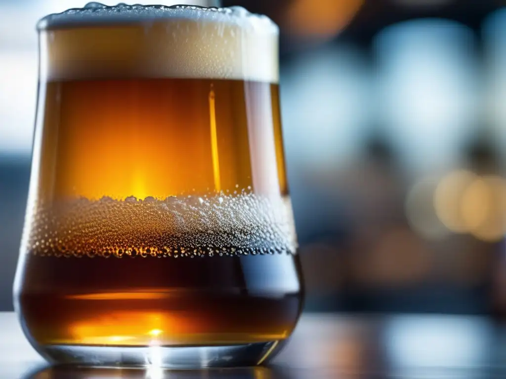 Cerveza artesanal ámbar con burbujeante espuma, servida desde una mini-nanocervecería de acero inoxidable