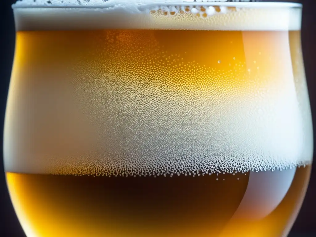 Una vista detallada de una cerveza artesanal dorada con burbujas de carbonatación, condensación en el vaso y espuma adornando el borde