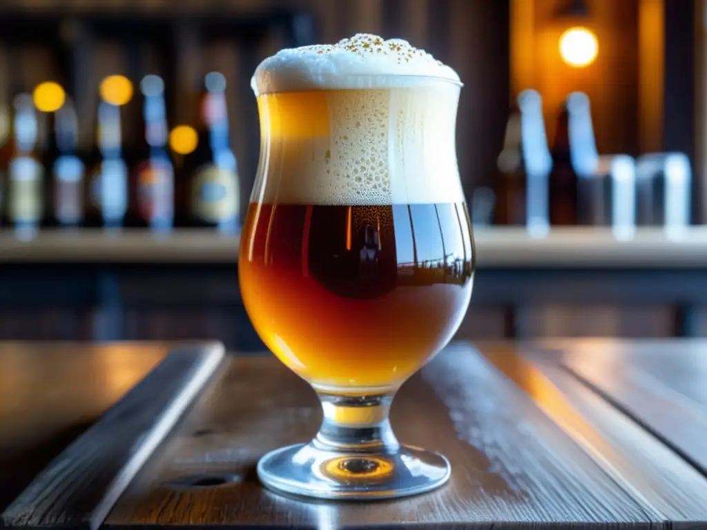 Cerveza artesanal ámbar con espuma cremosa y detalles elegantes - red cerveceros independientes