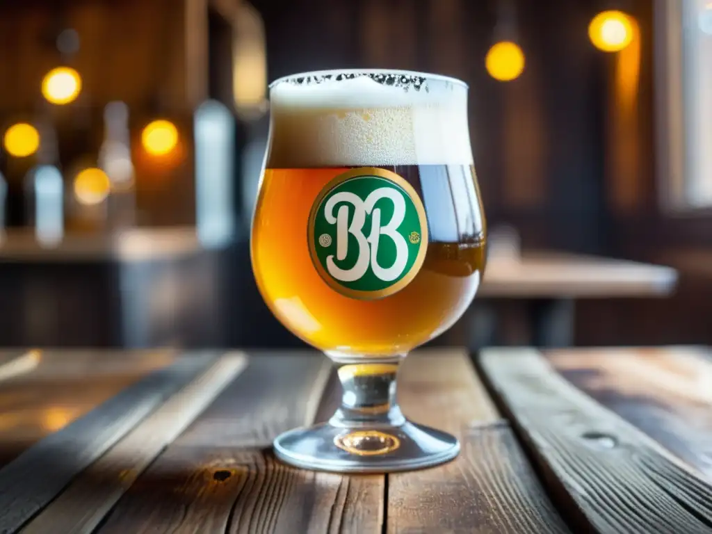 Cerveza artesanal dorada de Brooklyn Brewery en mesa rústica