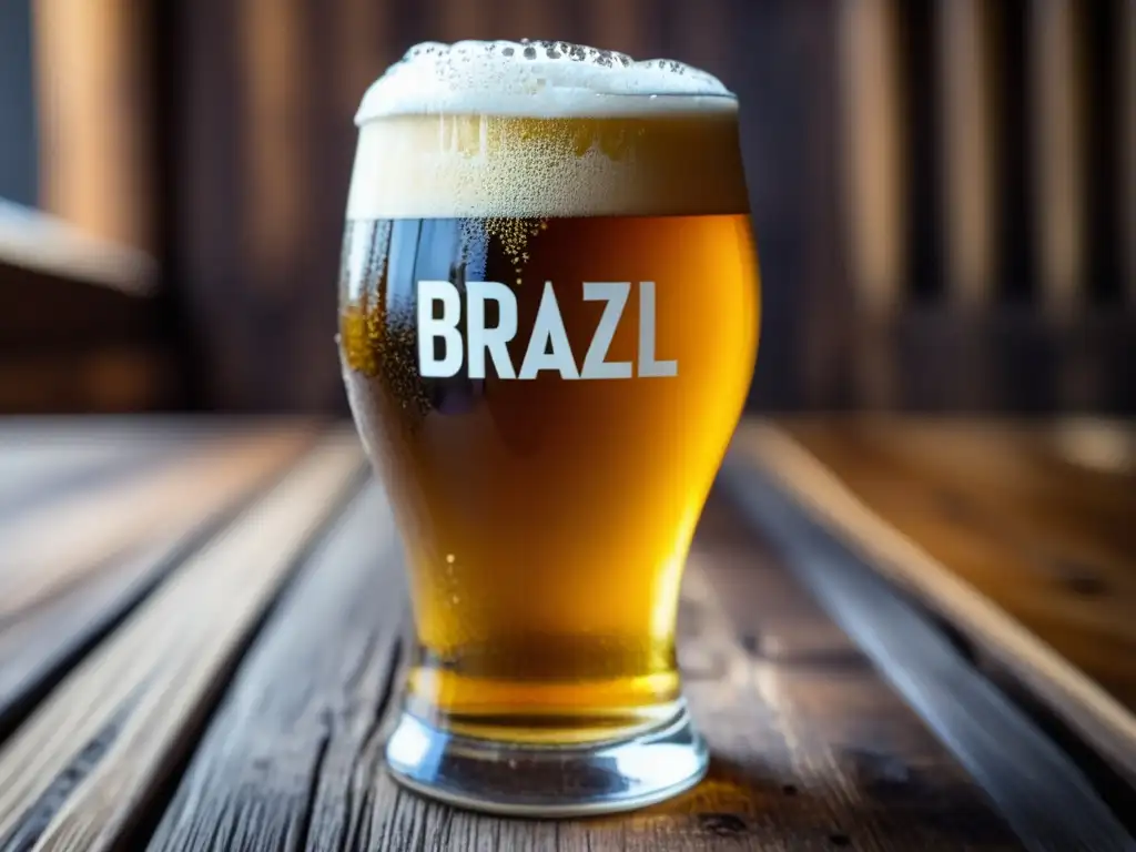 Cerveza artesanal dorada en vaso de vidrio en mesa rústica - sindicato cervezas Brasil